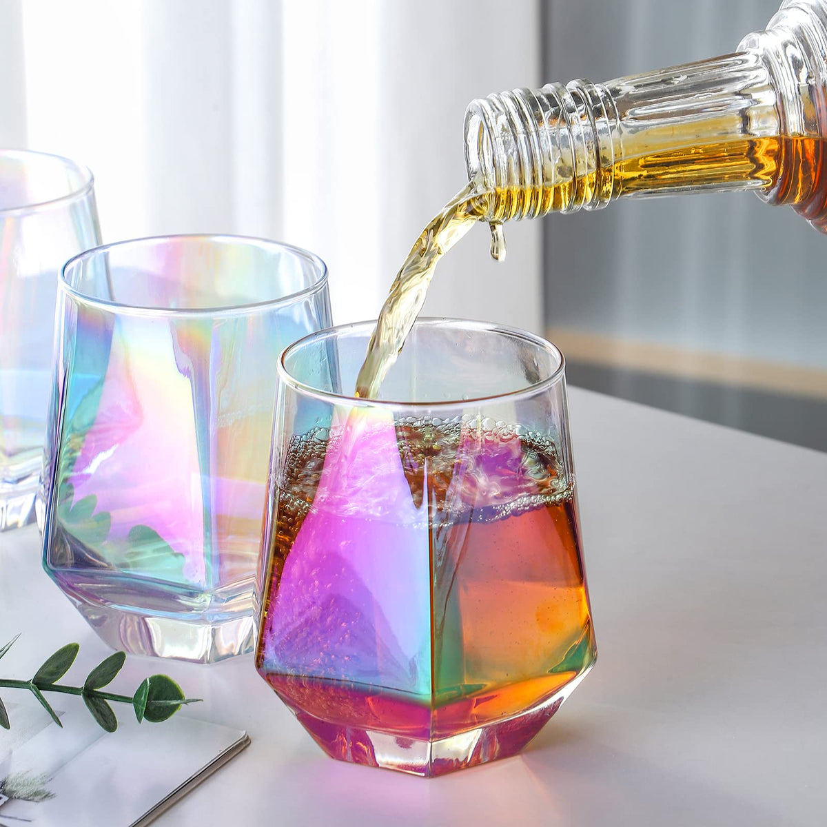 Stemless Wine Glasses Set of 6, 10 Oz Iridescent Diamond Shaped Glassware T418600