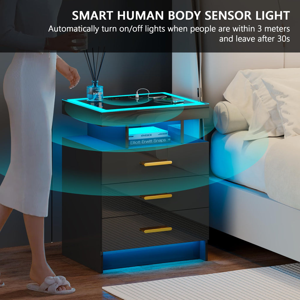 Black 3 Drawer LED Nightstand with Charging Station Z873