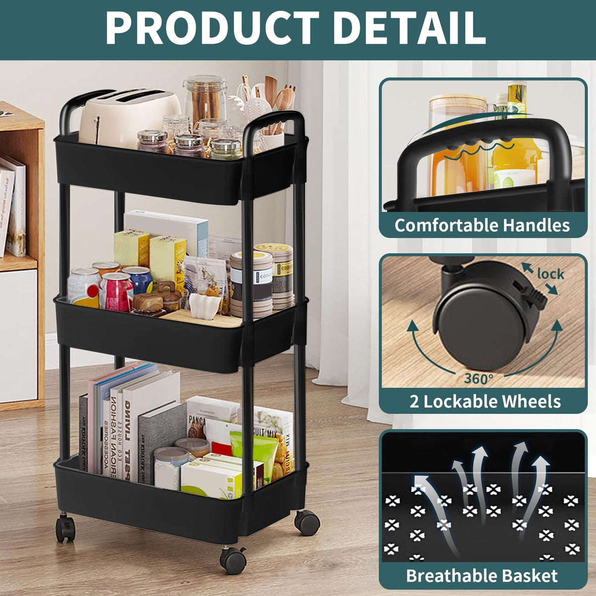 Black 3 Tier Rolling Cart N7845