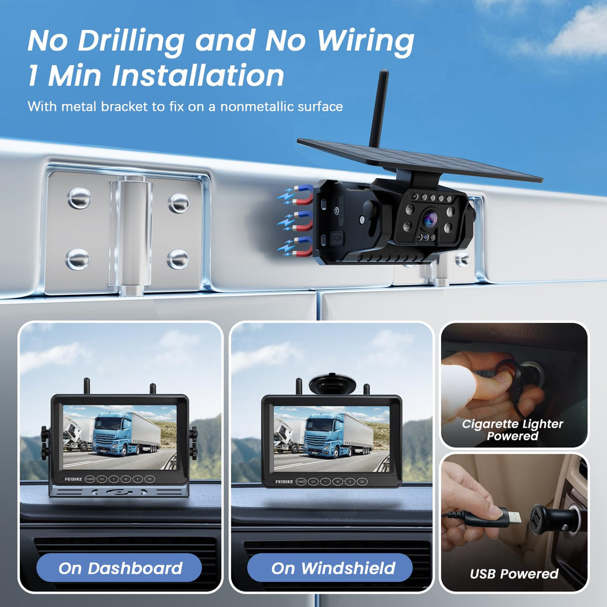 Magnetic Solar Wireless Backup Camera with 7" 1080P Monitor Q4280