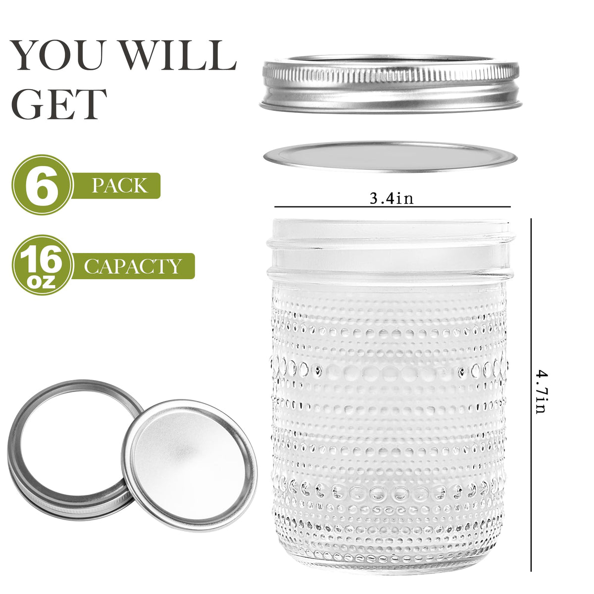 16 Oz Wide Mouth Glass Mason Jars 6 Packs F860557