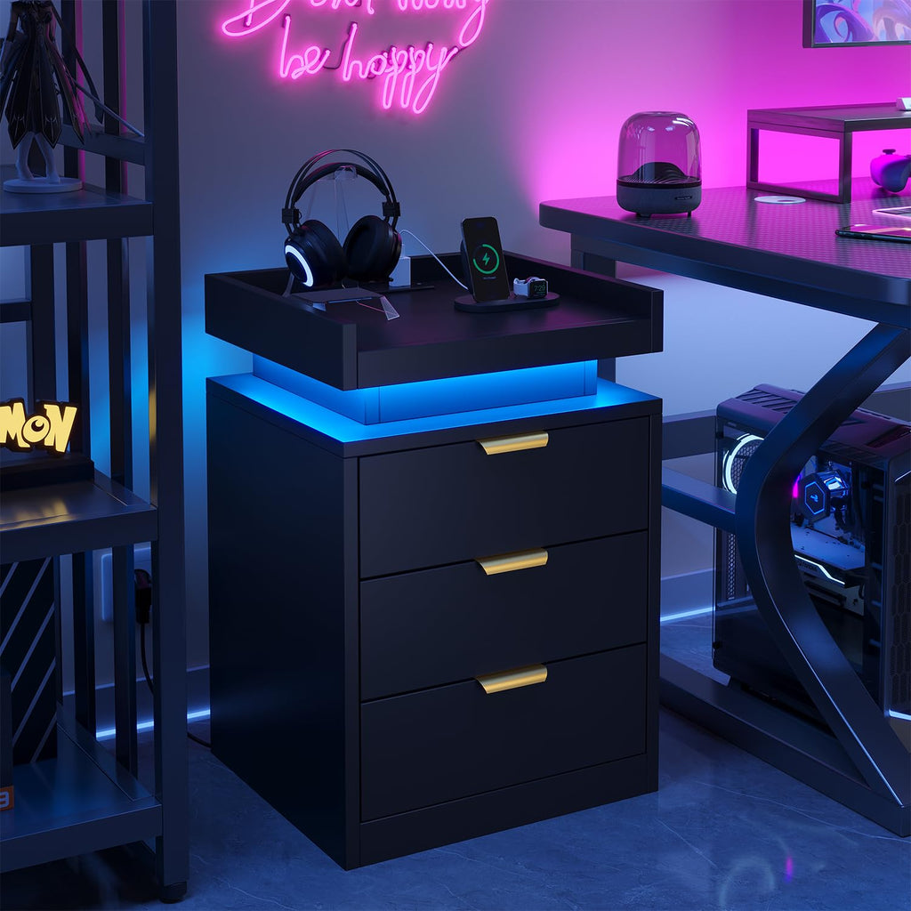 Black 3 Drawer LED Nightstand with Charging Station I687382