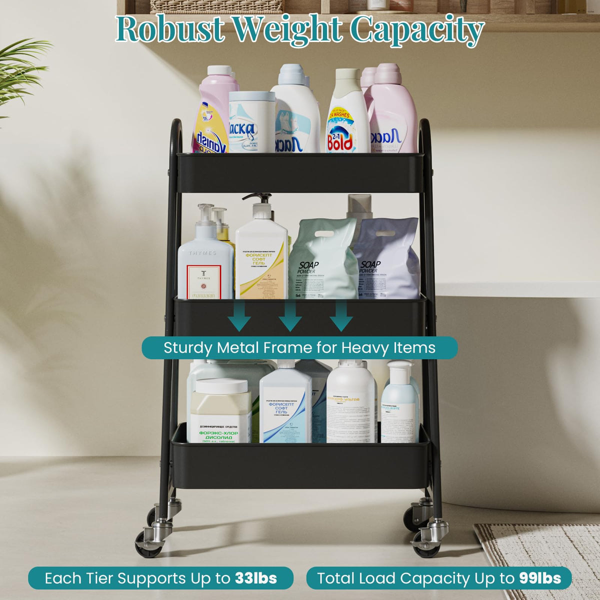 3-Tier Metal Rolling Utility Cart with Lockable Wheels E9888
