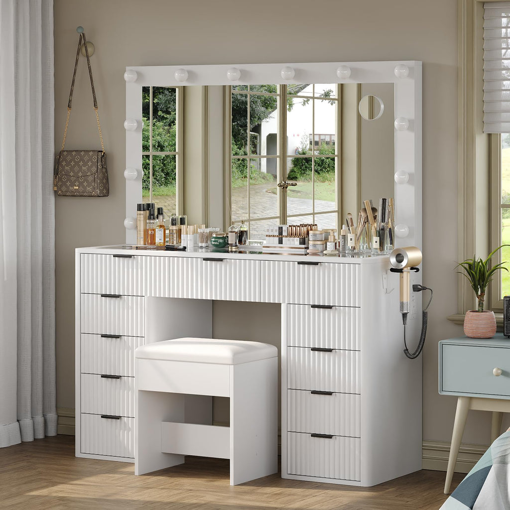 47" White Vanity Desk with 3-Color LED Mirror & 11 Drawers A937
