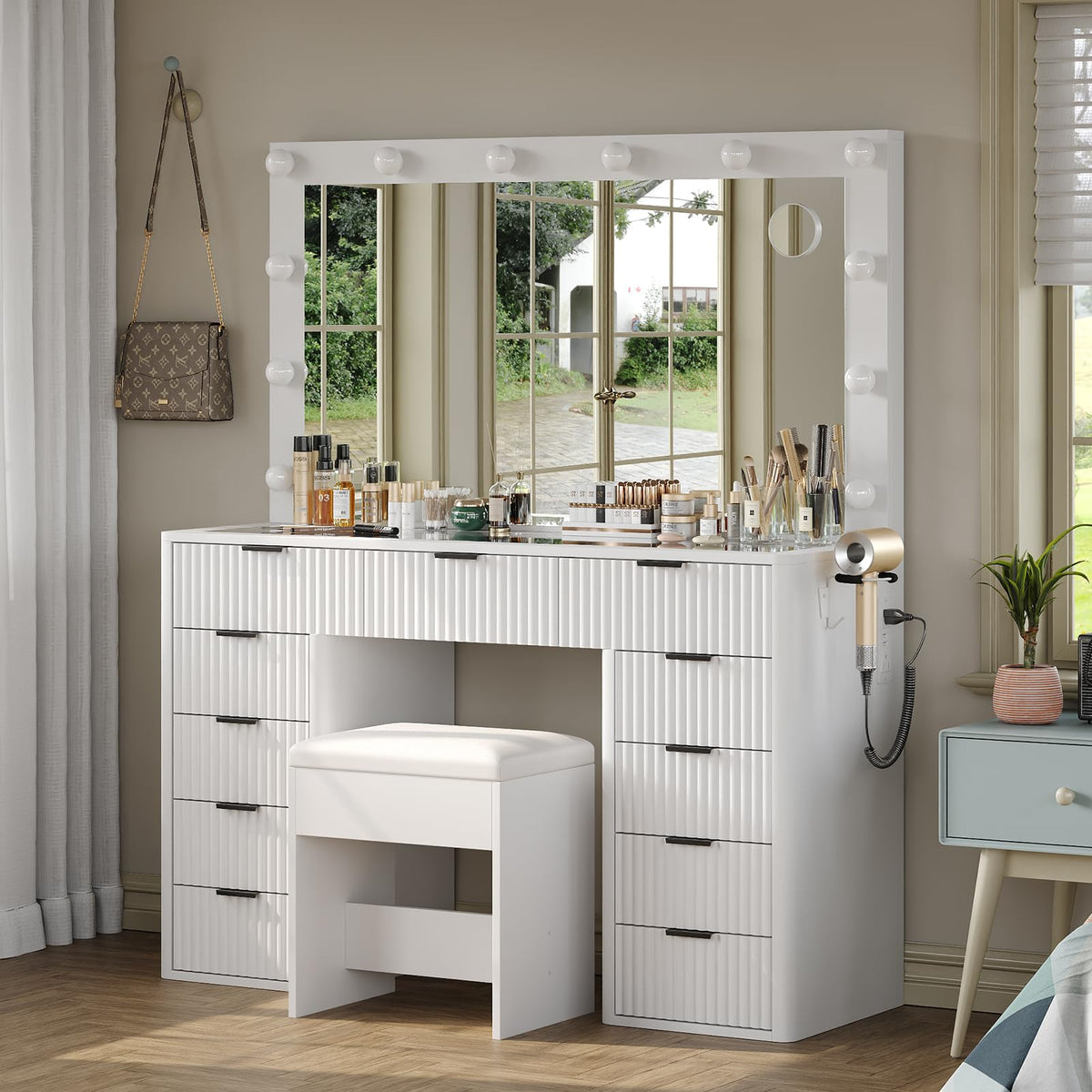 47" White Vanity Desk with 3-Color LED Mirror & 11 Drawers A937