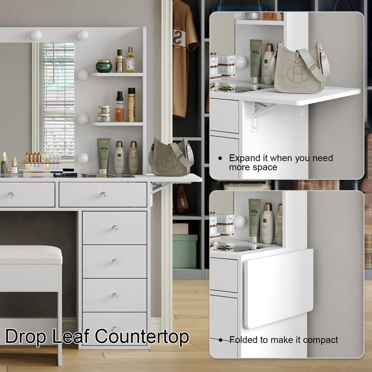 Vanity Desk with Mirror and 12 LED Lights, 11 Drawers & 4 Shelves S950