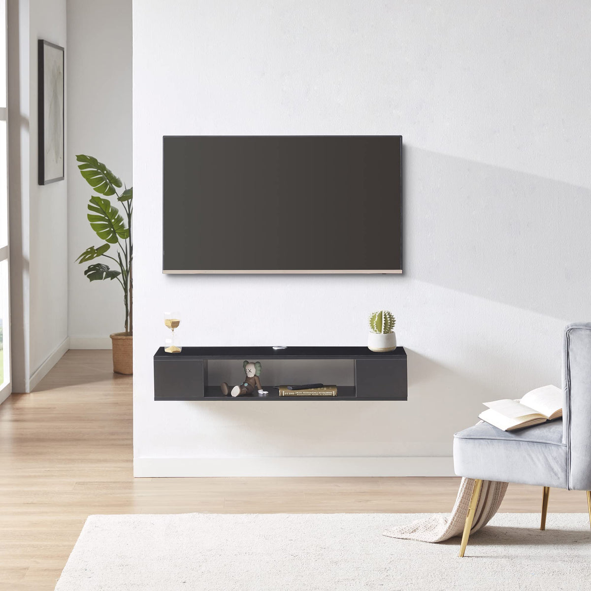 Black Wall Mounted Floating TV Stand with Storage A1136