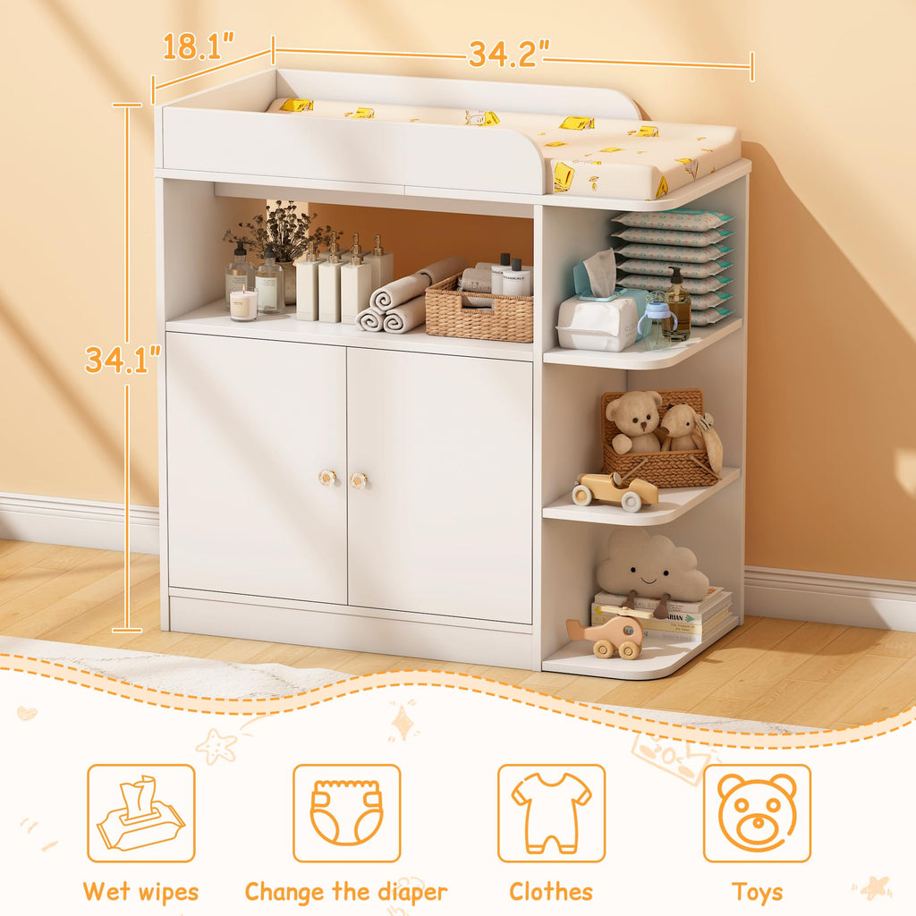 White Wood Changing Table Dresser with Cabinet C7191