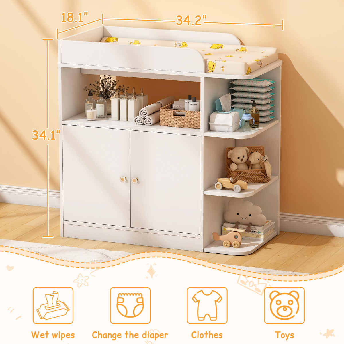White Wood Changing Table Dresser with Cabinet C7191