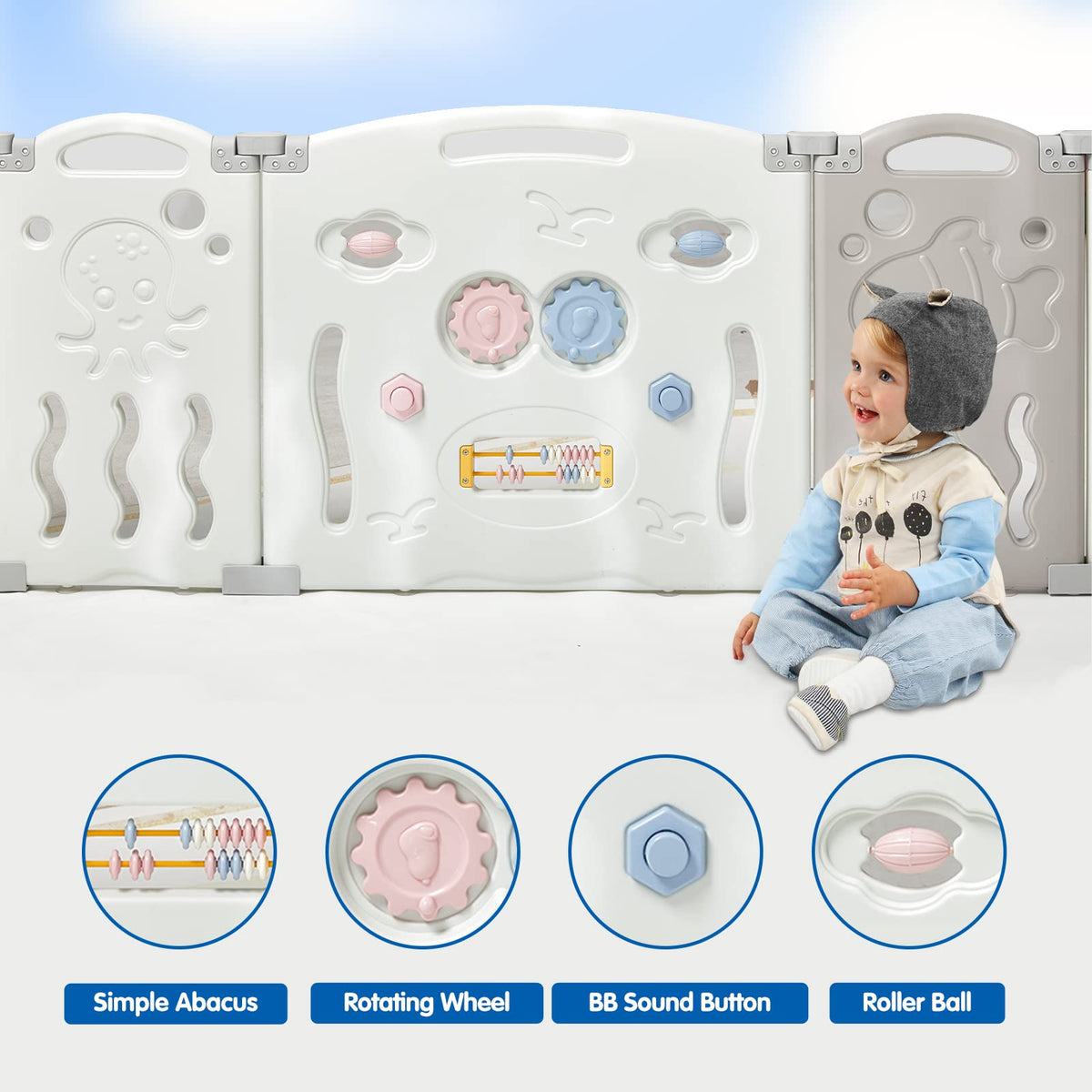 18 Panel Grey White Foldable Kids Playpen Safety Lock Gate E57697