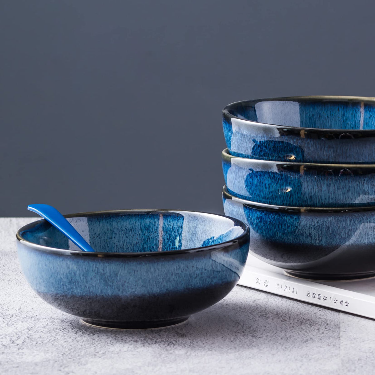 Ceramic Pasta Bowls Set of 4, 26 oz Blue R733