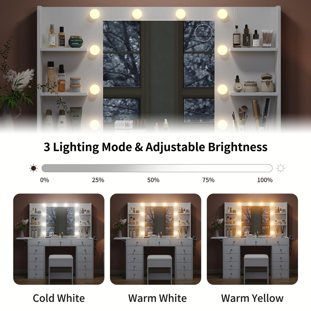 Vanity Desk with Mirror and 12 LED Lights, 11 Drawers & 4 Shelves S950