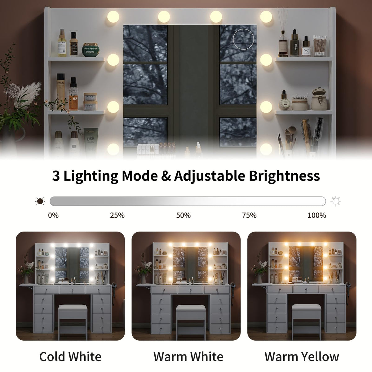 Vanity Desk with Mirror and 12 LED Lights, 11 Drawers & 4 Shelves S950