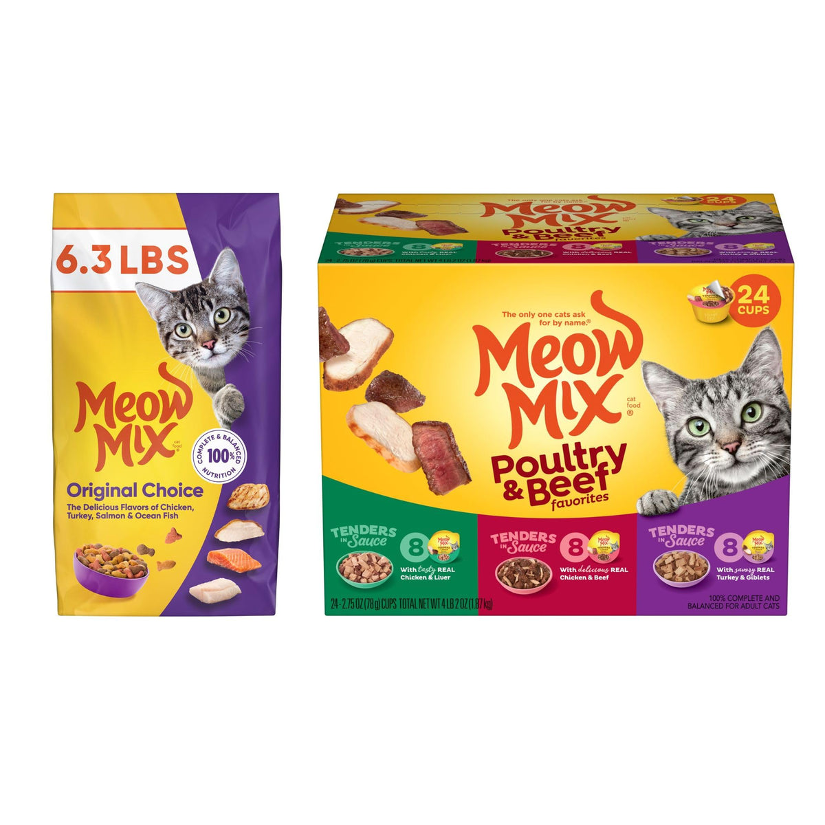 Dry Cat Food 6.3 Pound Bag + Wet Cat Food Variety Pack 2.75 Ounce Cups (Pack of 24) R205