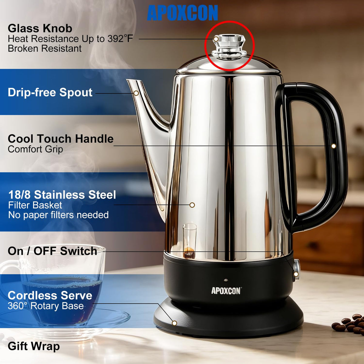 Electric Stainless Steel Coffee Percolator 1200ml 8 Cup R533742