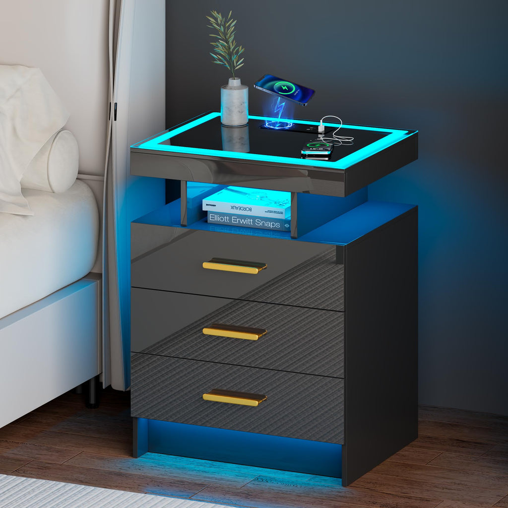 Black 3 Drawer LED Nightstand with Charging Station Z873