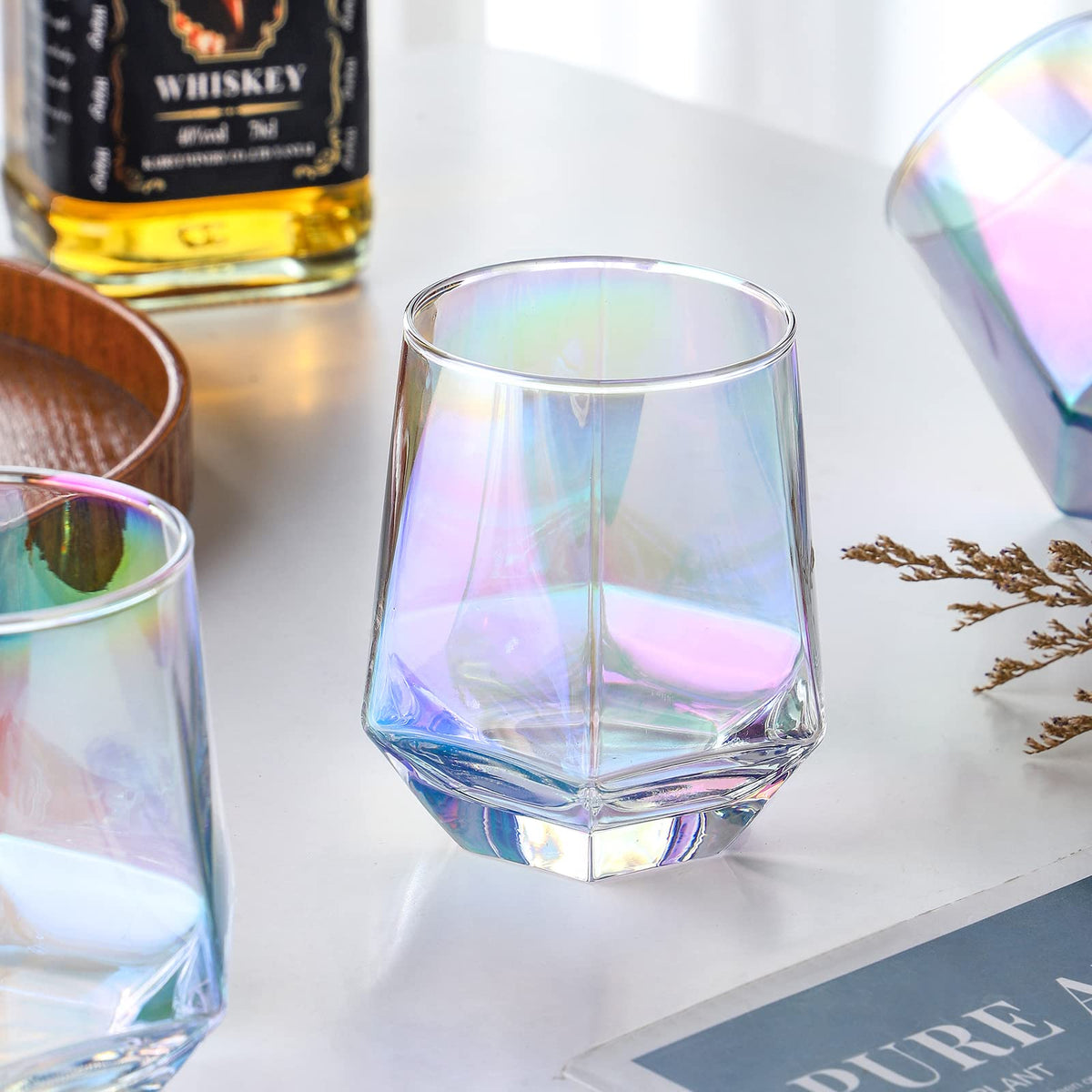 Stemless Wine Glasses Set of 6, 10 Oz Iridescent Diamond Shaped Glassware T418600