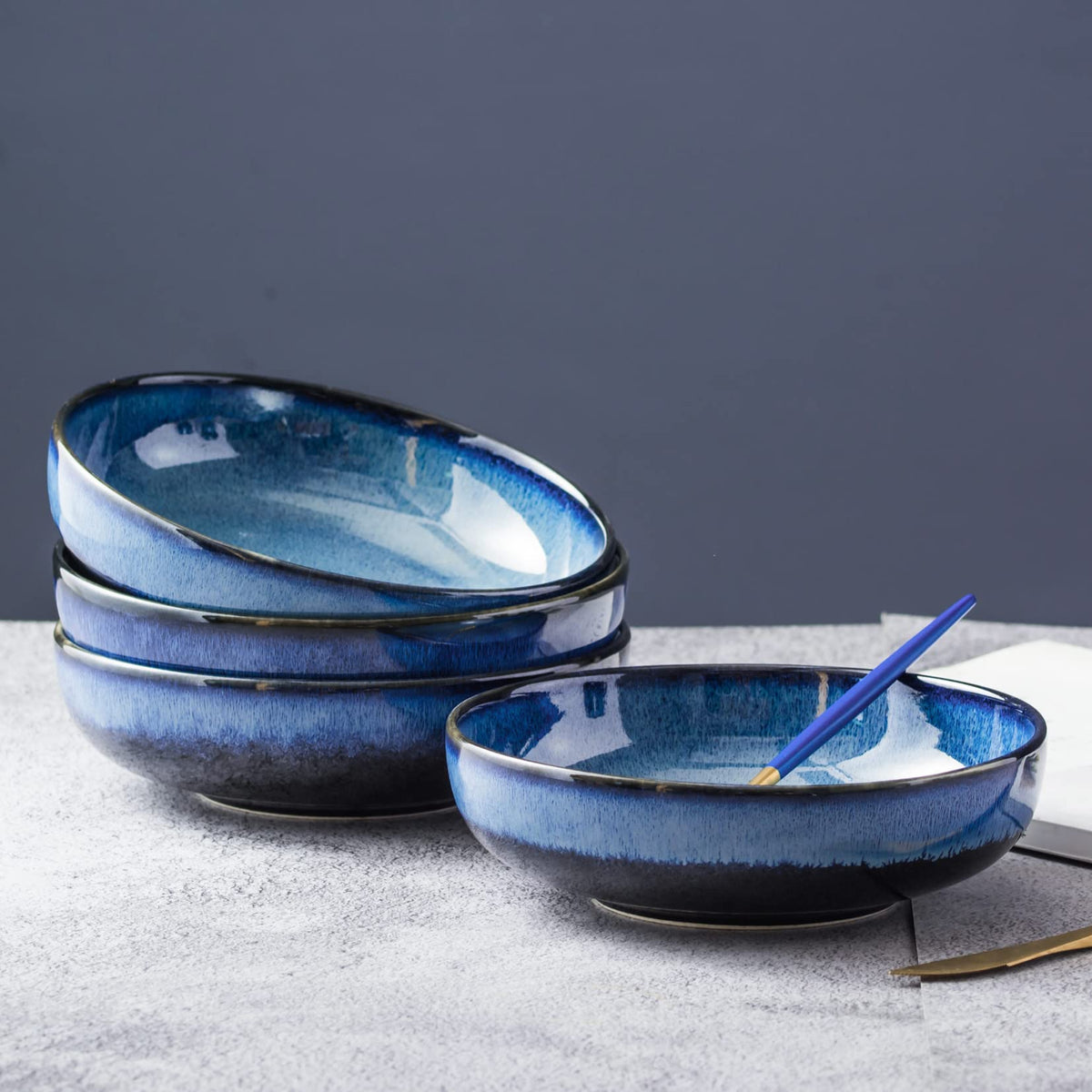 Ceramic Pasta Bowls Set of 4, 26 oz Blue R733
