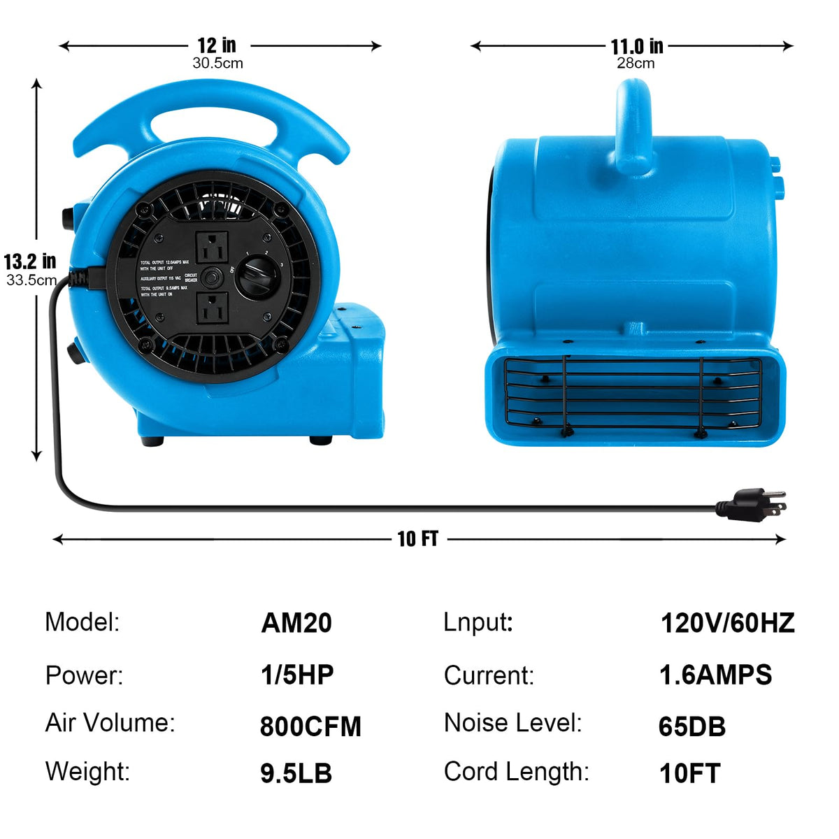 1/5hp 800cfm 3-Speed Air Mover Blower Fan with Dual Outlet G144215