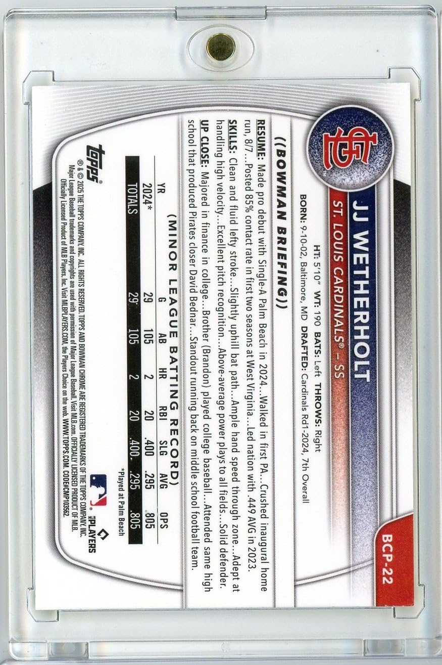 2025 Bowman Chrome JJ Wetherholt #BCP22 /75 Yellow Refractor Rookie Baseball Card B4936