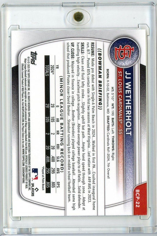 2025 Bowman Chrome JJ Wetherholt #BCP22 /75 Yellow Refractor Rookie Baseball Card B4936