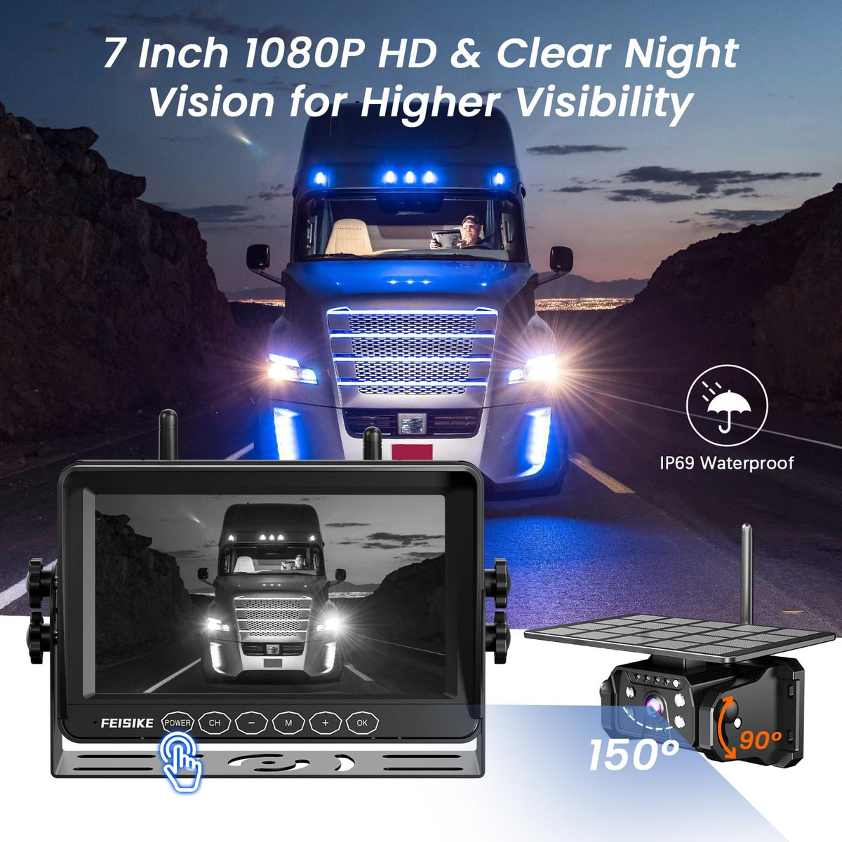 Magnetic Solar Wireless Backup Camera with 7" 1080P Monitor Q4280
