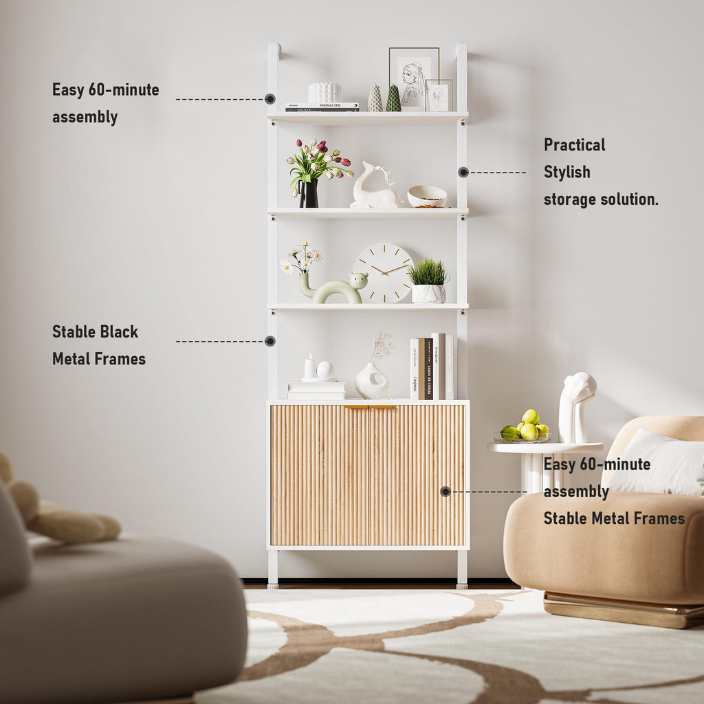 74" Tall White and Oak Bookshelf with Storage Cabinet H981