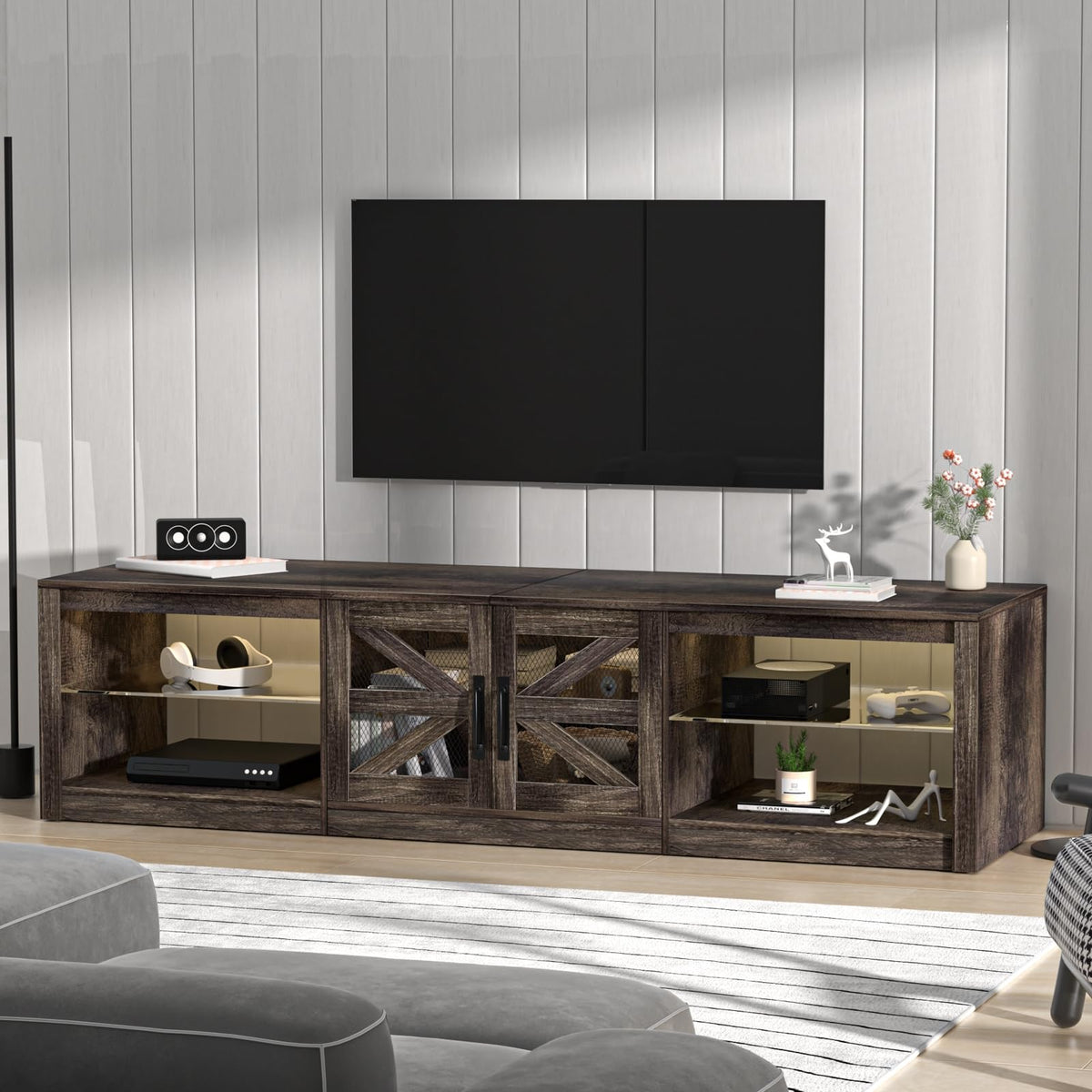 Rustic Brown Grey TV Stand with Sliding Barn Door S337098