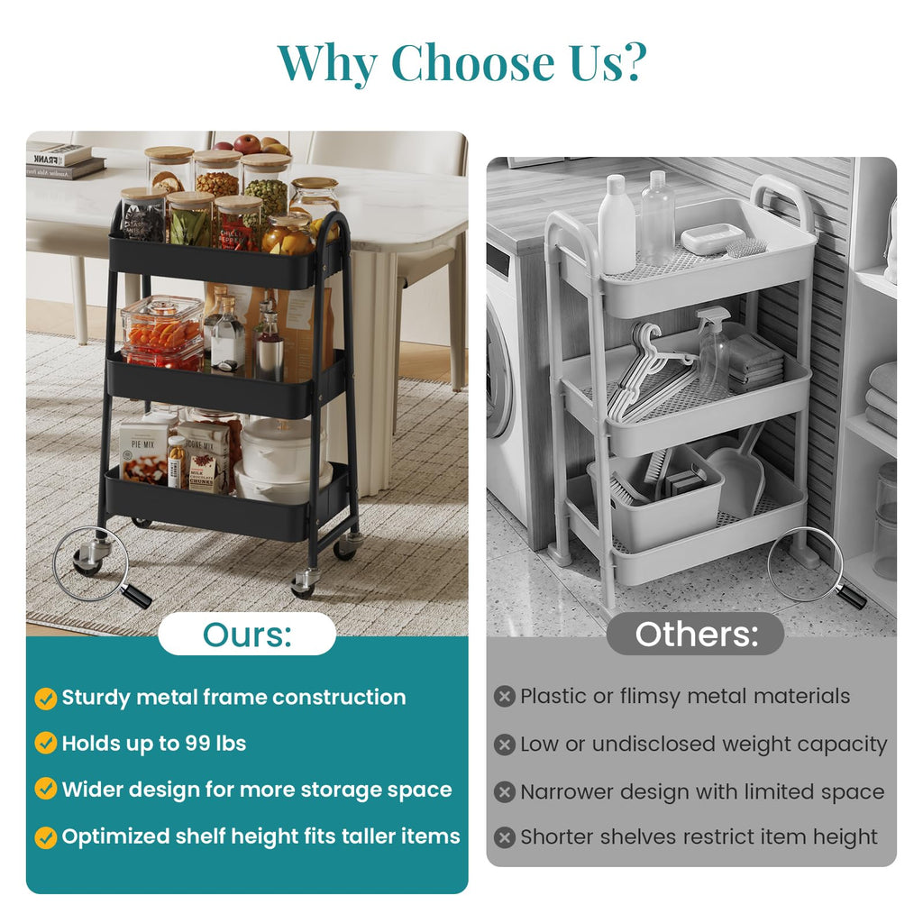 3-Tier Metal Rolling Utility Cart with Lockable Wheels E9888