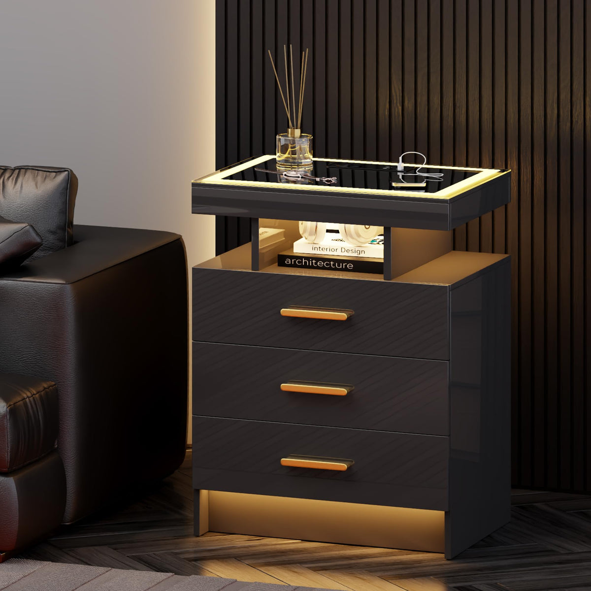 Black 3 Drawer LED Nightstand with Charging Station Z873