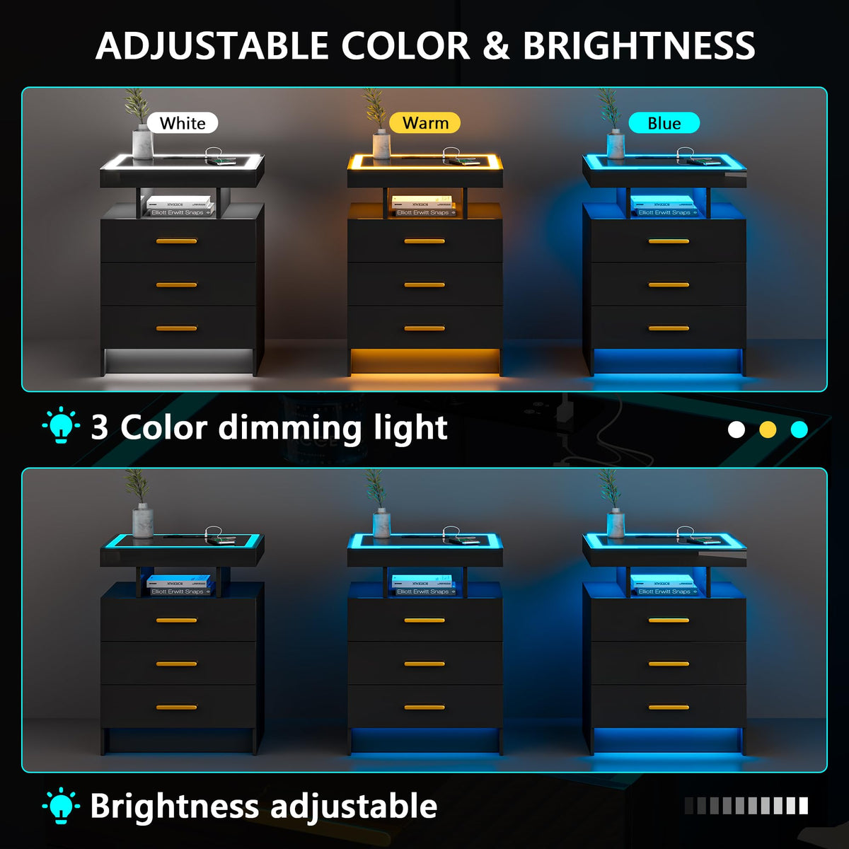 Black 3 Drawer LED Nightstand with Charging Station Z873