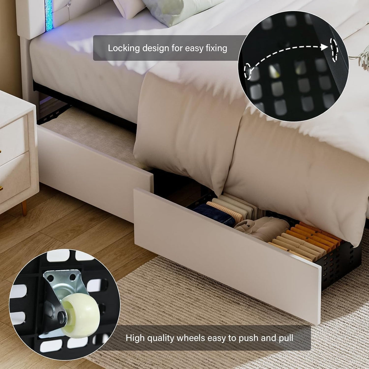 White Twin Bed Frame with Storage Drawers and LED Lights C8589