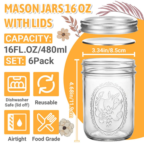 16 oz 6 Pack Wide Mouth Mason Jars with Airtight Lids E16552