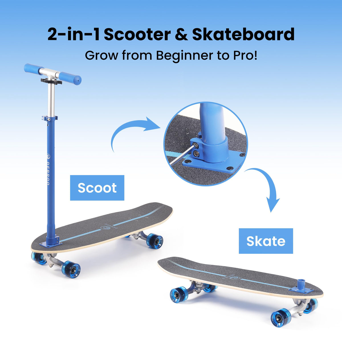 2-in-1 Kids Skateboard & Scooter with LED Light-Up Wheels, Adjustable Height, Blue Q144