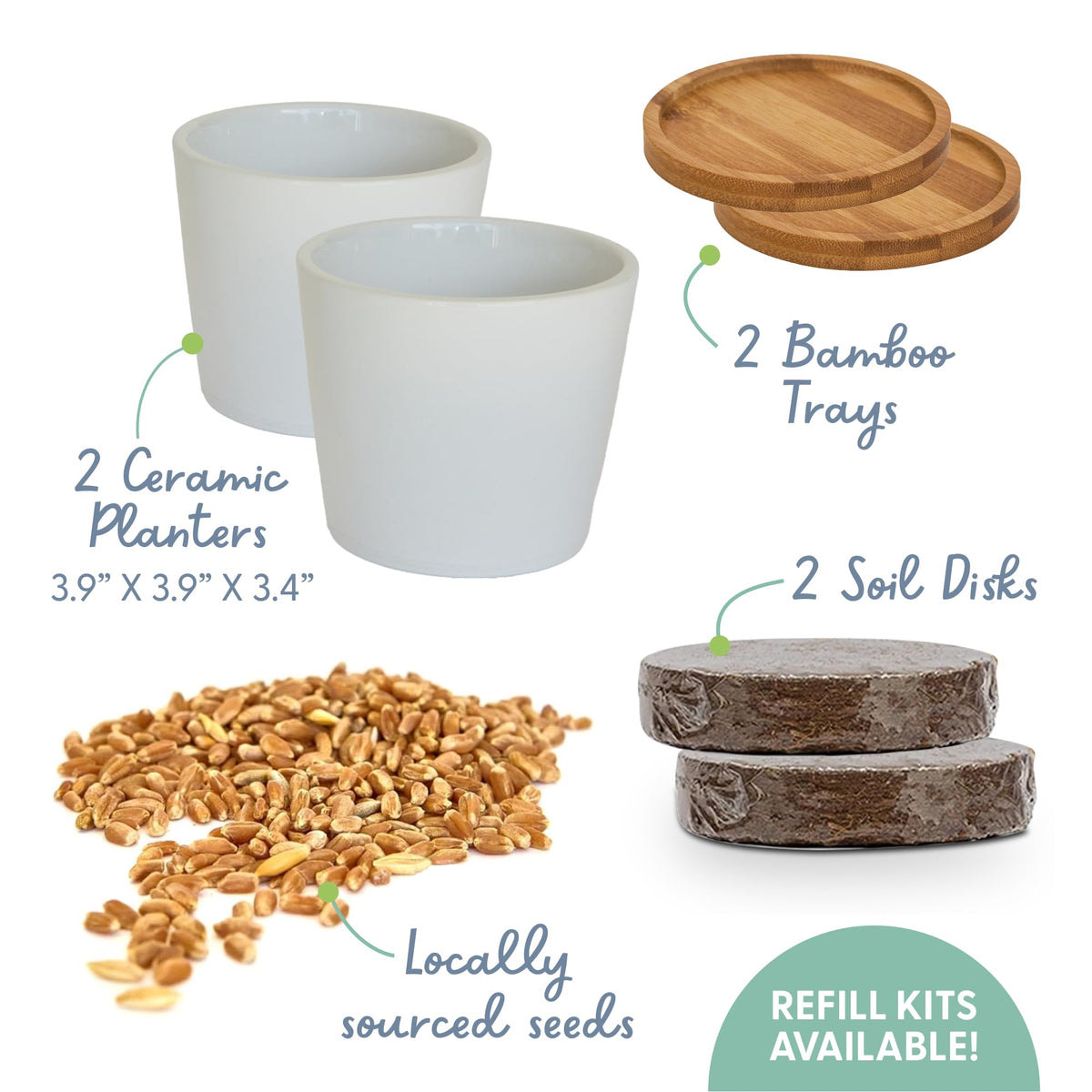 Organic Cat Grass Growing Kit with Seed, Soil and Two Ceramic Planters M639