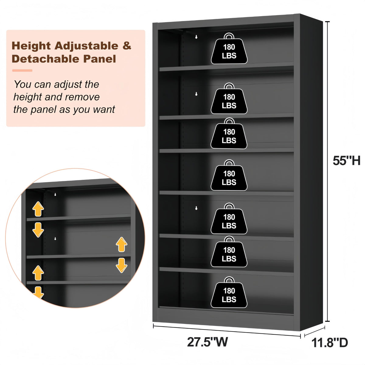 55" Metal Media Storage Cabinet with 6 Adjustable Shelves J63960