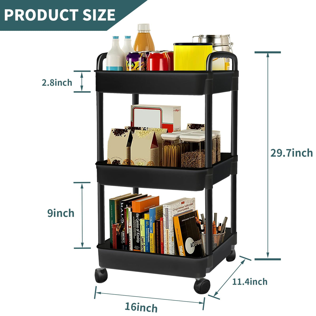 Black 3 Tier Rolling Cart N7845
