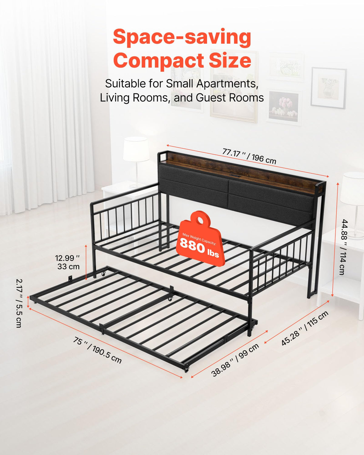 Twin Size Metal Daybed with Trundle W868