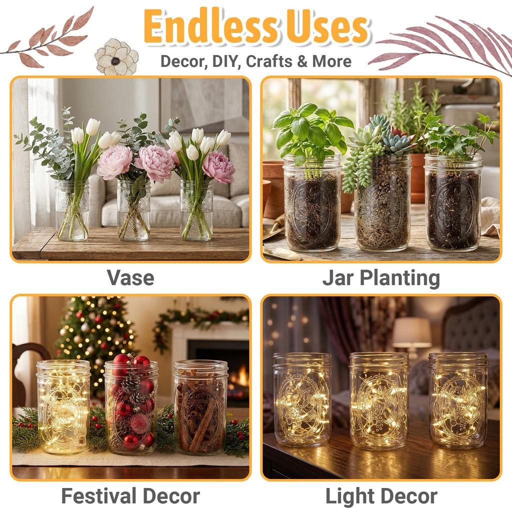 16 oz 6 Pack Wide Mouth Mason Jars with Airtight Lids E16552