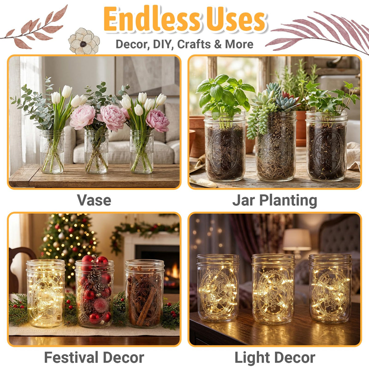 16 oz 6 Pack Wide Mouth Mason Jars with Airtight Lids E16552