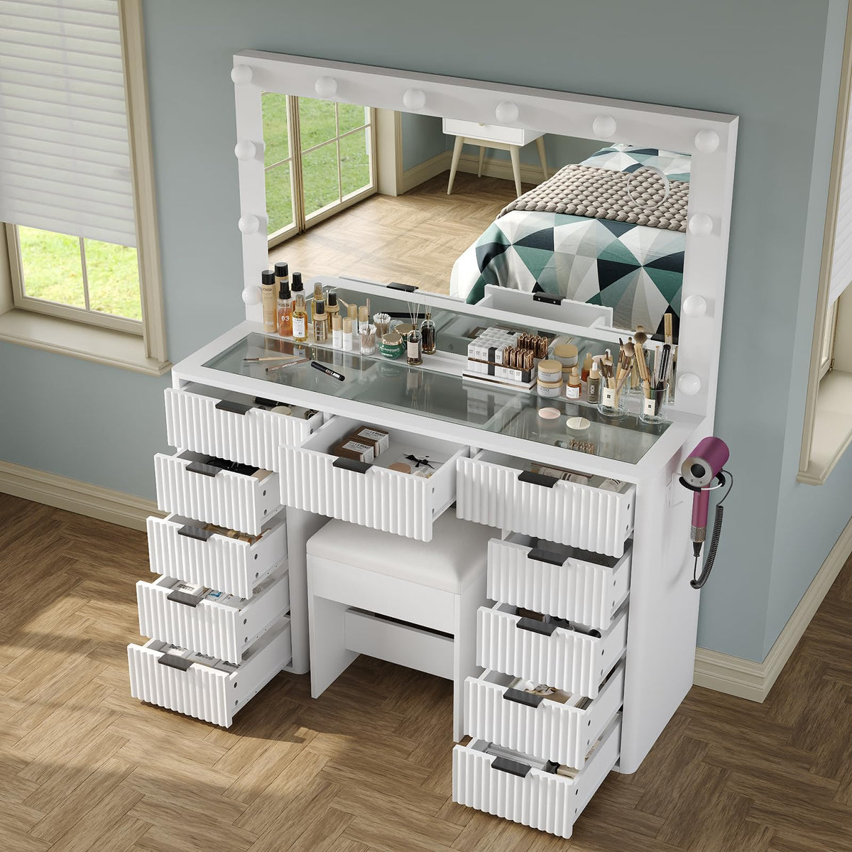 47" White Vanity Desk with 3-Color LED Mirror & 11 Drawers A937