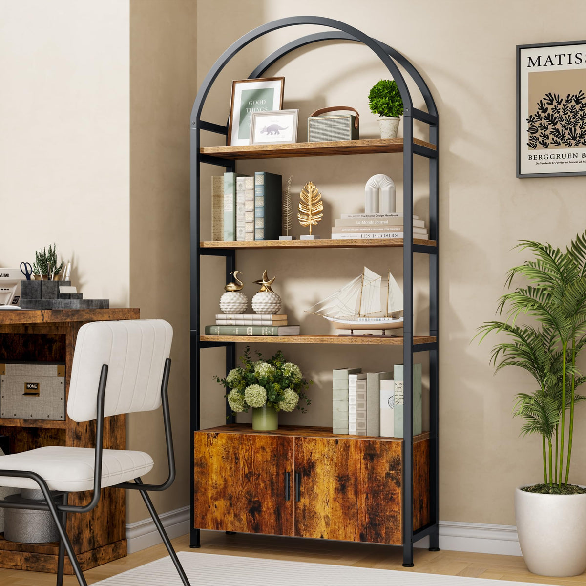 Arched 71 Inch Tall 5 Tier Wood and Metal Bookshelf with Storage Cabinet G161860