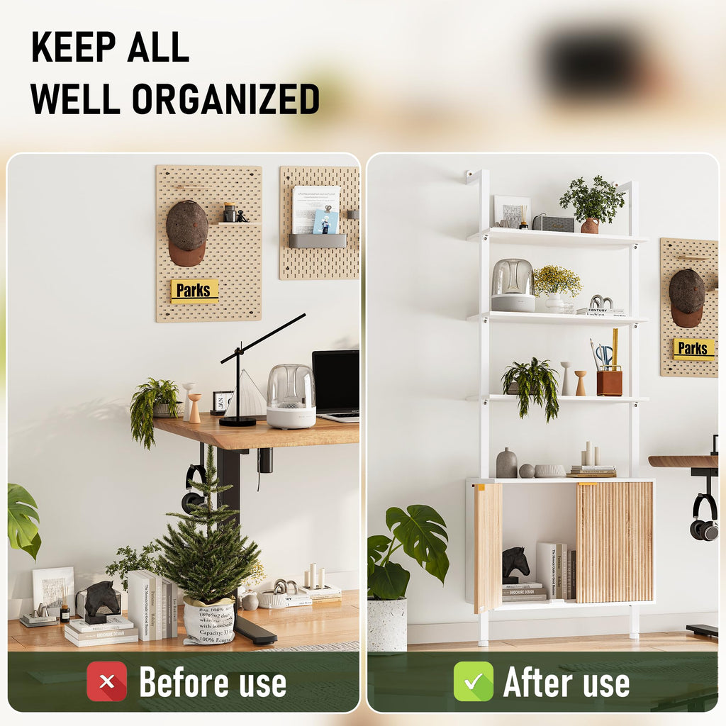 74" Tall White and Oak Bookshelf with Storage Cabinet H981