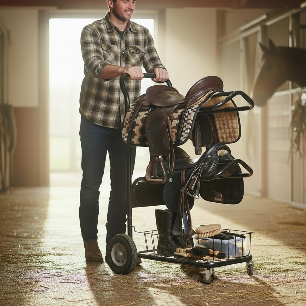 220 Lbs Rolling Saddle Rack Cart with Basket B64761