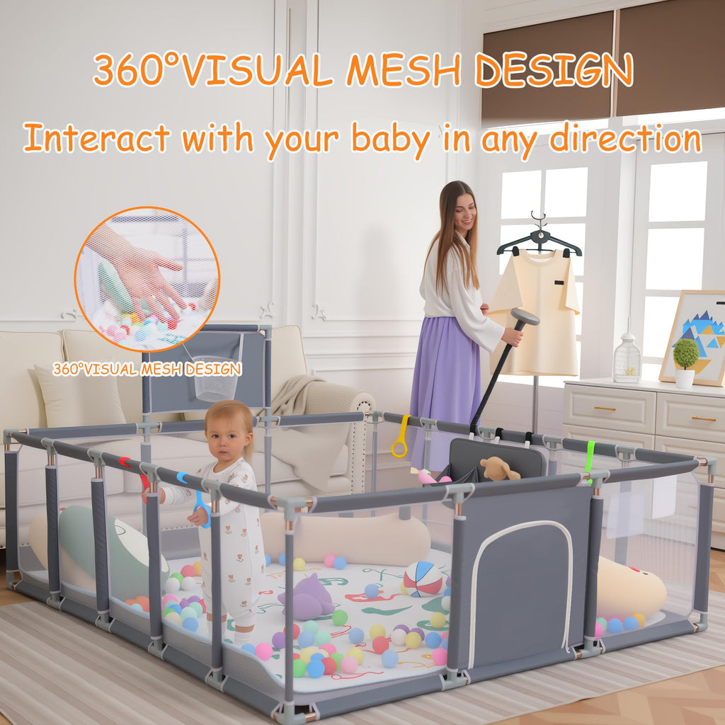 Baby Playpen with Mat, Ocean Balls, Hanging Pocket, Basketball Hoop R3972