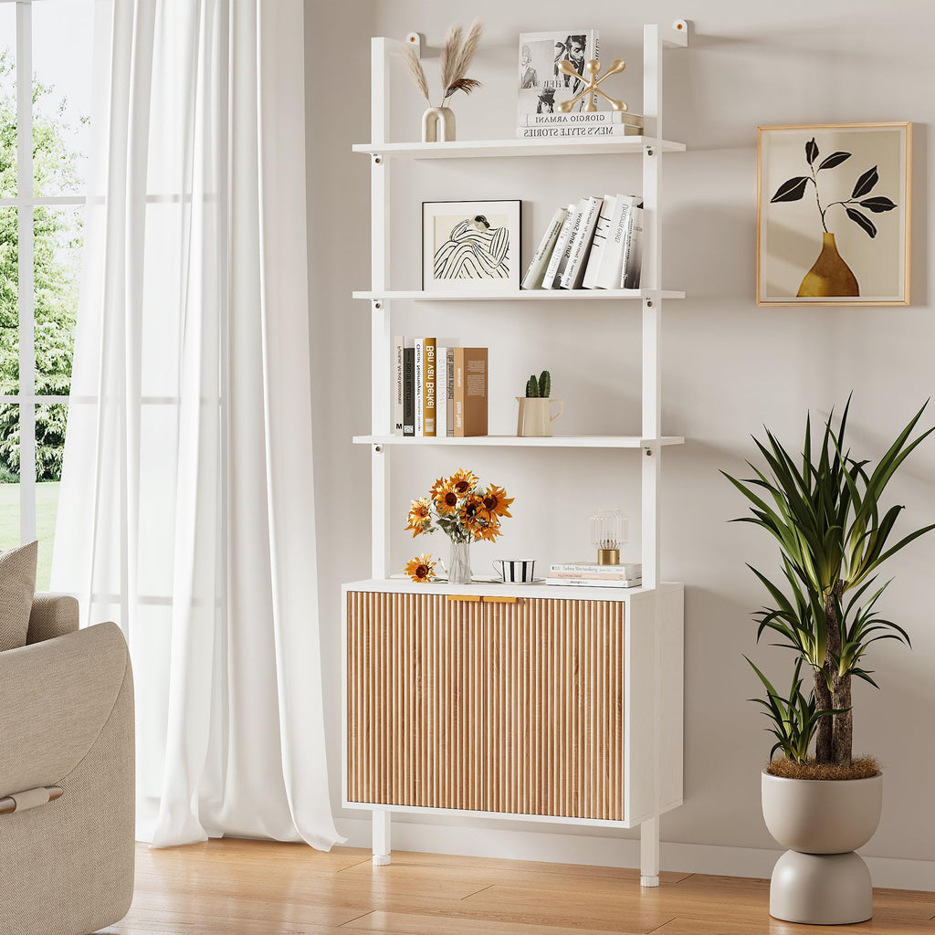 74" Tall White and Oak Bookshelf with Storage Cabinet H981