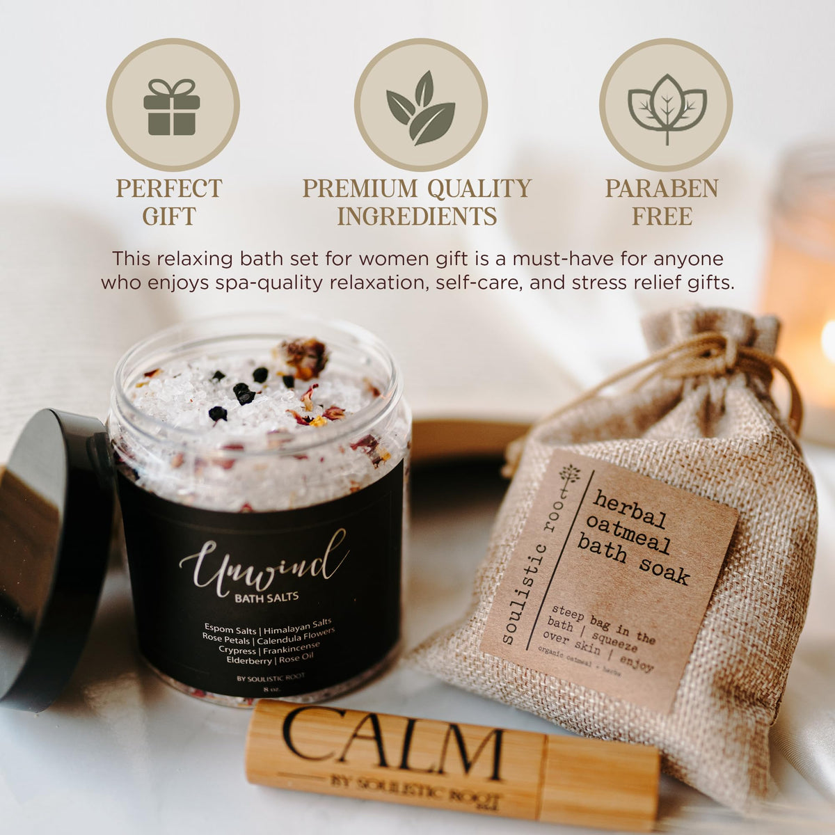 Bath Gift Set with Essential Oil Roller, Bath Salts & Oatmeal Bath Soak I97570