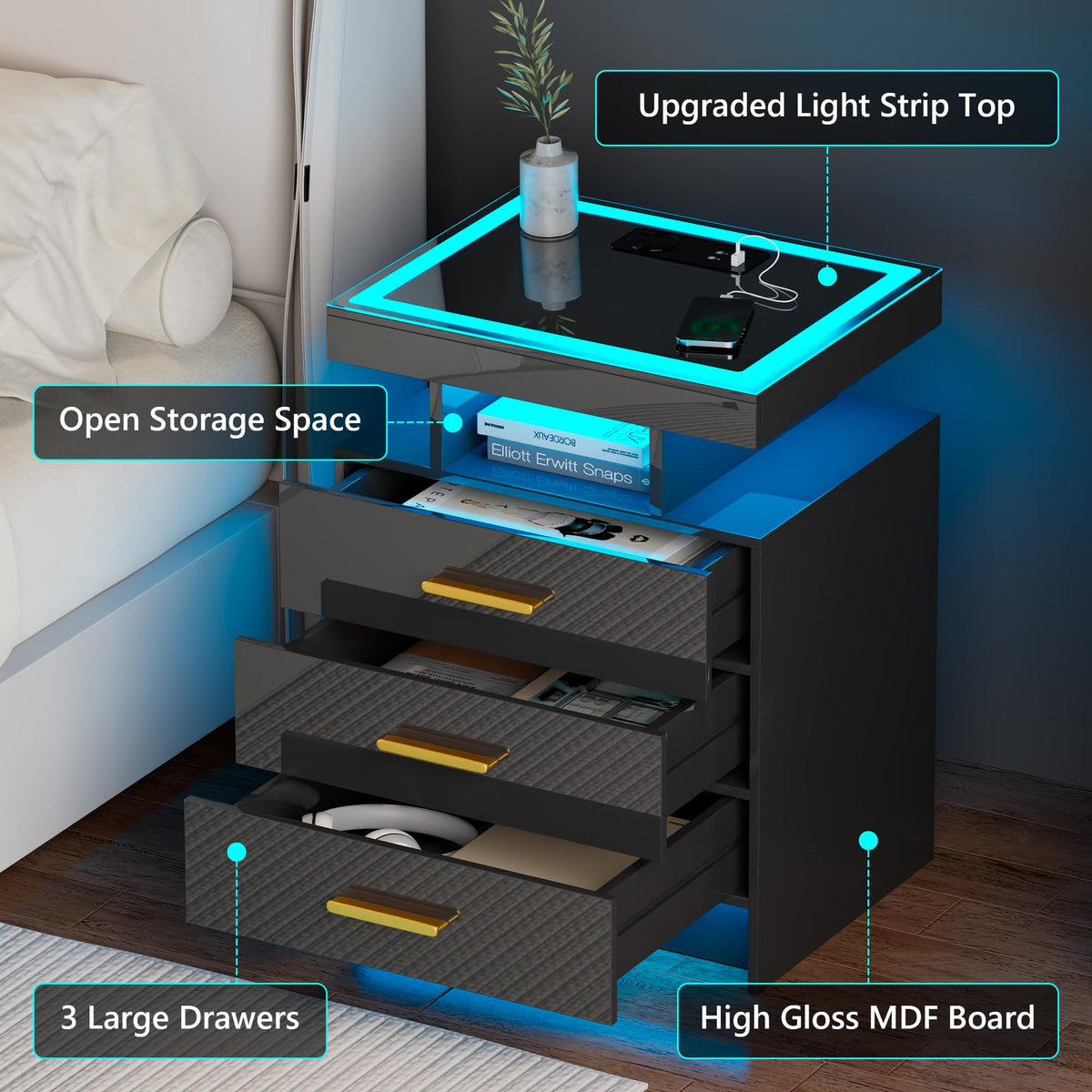 Black 3 Drawer LED Nightstand with Charging Station Z873