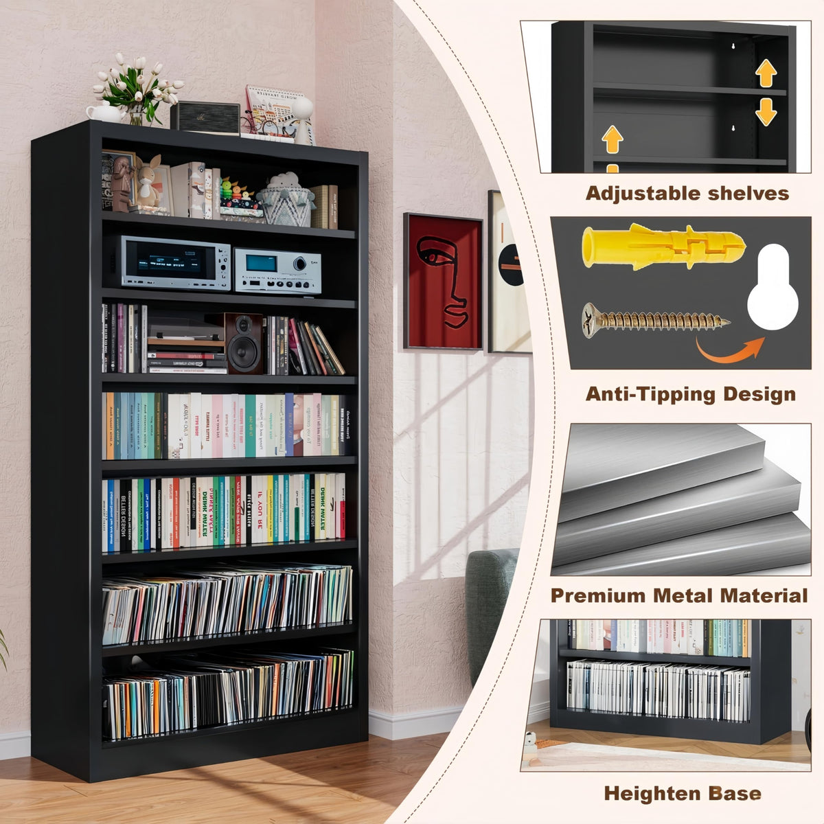 55" Metal Media Storage Cabinet with 6 Adjustable Shelves J63960