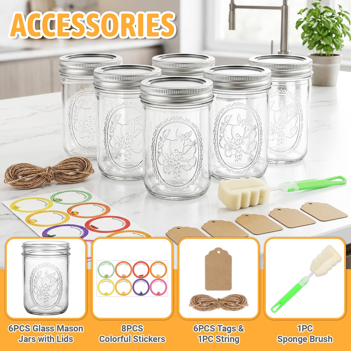 16 oz 6 Pack Wide Mouth Mason Jars with Airtight Lids E16552